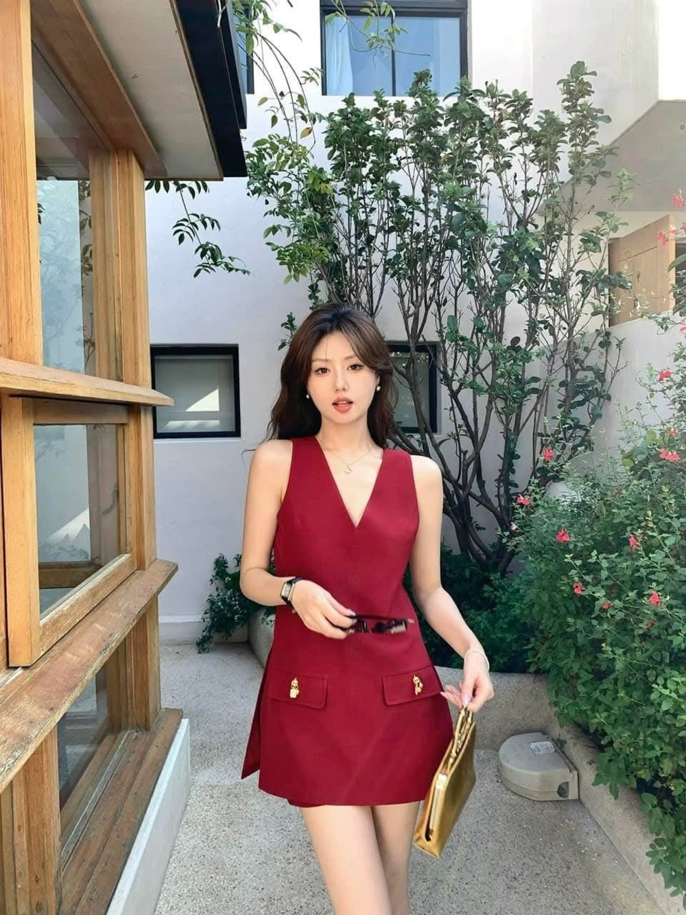Sleeveless V-Neck Mini Dress in Deep Red